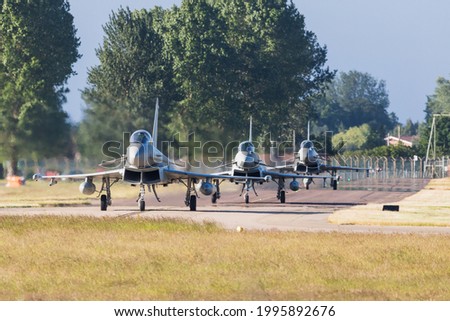 Three Eurofighter Typhoons taxiing out for a training sortie at RAF Coningsby pictured in June 2021.
