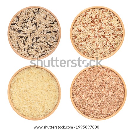 set of bowls with rice isolated on white. mix of wild and brown rice, mix of wild with red, white rice and devzira rice. top view.
