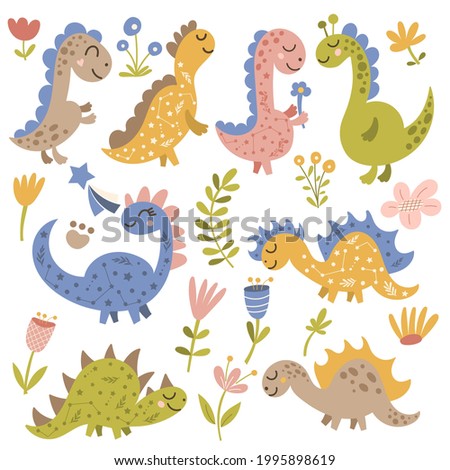 Dinosaurs and flowers clip art set. Vector illustration.