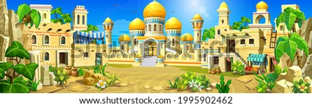Arabian stone town in the desert. A palace with white walls, towers and golden domes, tents. Temples, mosques, houses with oriental decorations. 