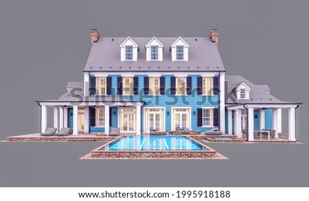 3d rendering of modern cozy classic house in colonial style with garage and pool for sale or rent in evening. Isolated on gray.