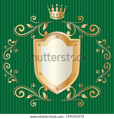 Luxury design elements, vintage royalty frame with crown, metal shield with rivets and gold border. with shadows. isolated on green linear background. vector illustration.