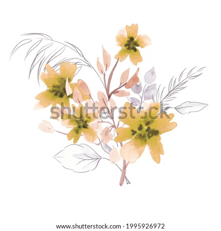 Watercolor Floral Illustration. Abstract Branch of Flowers Clip Art. Botanic Composition for Greeting Card or Invitation. Yellow Flowers.