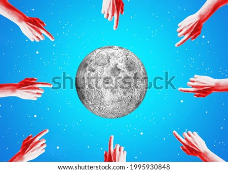 Modern design, contemporary art collage. Moon and hands