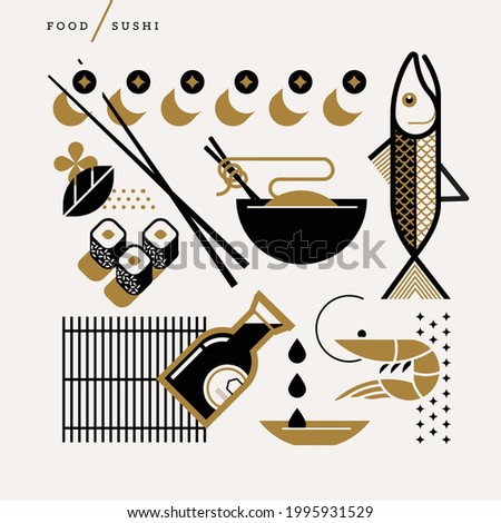 Creative abstract vector art illustration of sushi. Geometric shapes modern concept. Line art food eat roll noodle soup chopstick soy sauce raw cook fish salmon tuna crab shrimp squid wasabi outline