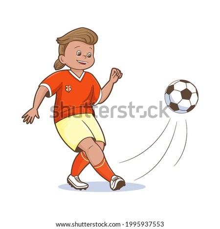 Boy Football Player Orange Shirt Shert Plays Football Kicking Ball Vector Illustration, Flat Cartoon