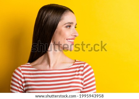 Profile photo of nice millennial lady look empty space wear red sweater isolated on vibrant yellow color background