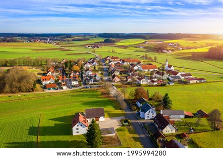 Aerial view of Lampertshausen village in Bavaria. Germany. Picture of an aerial view with a drone of the village Lampertshausen in north Bavaria, Germany.