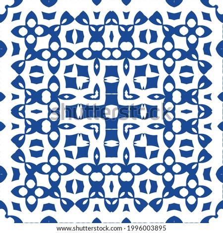 Ornamental azulejo portugal tiles decor. Bathroom design. Vector seamless pattern collage. Blue gorgeous flower folk print for linens, smartphone cases, scrapbooking, bags or T-shirts.