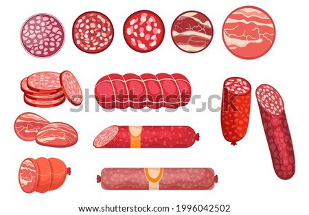 Salami, Pepperoni Smoked Sausage, Beef Meat and Ham Farm or Butcher Store Production. Bacon or Boiled Sausage Delicatessen Meals. Design Elements for Market Advert. Cartoon Vector Illustration, Set Royalty-Free Stock Photo #1996042502