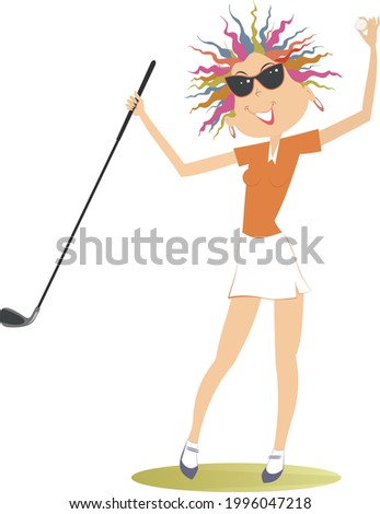 Happy golfer woman in sunglasses holds a golf club and golf ball isolated on white background
