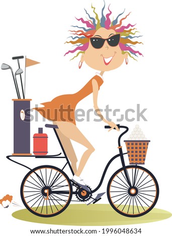  Smiling young woman on the bike is on the way to the golf course isolated on white background