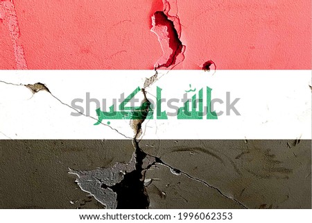 Iraq national flag icon grunge pattern painted on old weathered broken wall background, abstract Middle East Iraq politics economy society issues concept texture wallpaper