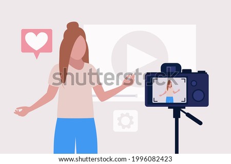 Blogging concept. Young woman creates video for his blog. Vector set in a flat style