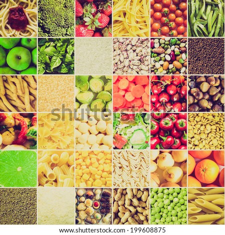 Vintage retro looking Food collage including pictures of vegetables, fruit, pasta and more