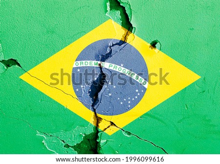 Brazil national flag icon grunge pattern painted on old weathered broken wall background, abstract Brazil politics economy society conflicts concept texture wallpaper