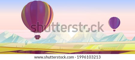 Hot air balloons flying above green fields and mountain peaks in pink morning sky. Scenery landscape background view, aerostat with baskets flight travel, aerial tourism, Cartoon vector illustration
