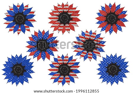 Bright sunflower in color of national American flag. Independence day clip art set on white background