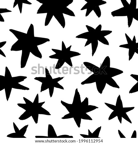 Art illustration grunge stars. Set of hand drawn paint object snowflakes for design.  Black and white  shine background. Abstract brush drawing