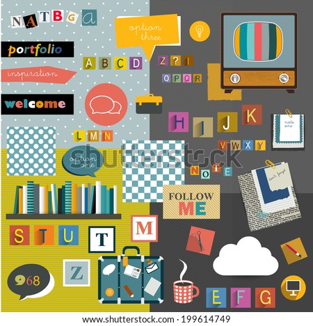 Set of colorful collage. Stickers, reminders, alphabet letters, icons. Vector background.