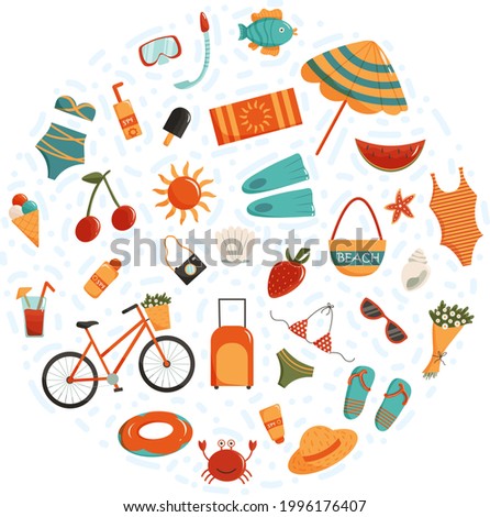 Summer time vector clip art. Set of summer clothes, fruits, beach and vacation items, sea animals