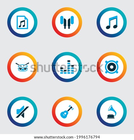 Audio icons colored set with phonograph, earphone, file and other gramophone elements. Isolated vector illustration audio icons.