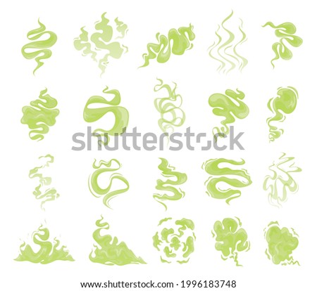 Collection of bed green clouds of unpleasant smell vector illustration. Set of smoke and toxic steam isolated. Stench or stink, fume trails, disgusting stinky breathing, fart, spoiled rotten food odor Royalty-Free Stock Photo #1996183748