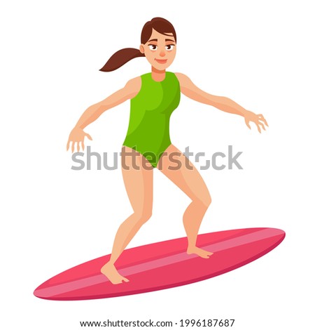 Woman standing on surfboard. Female person in cartoon style.