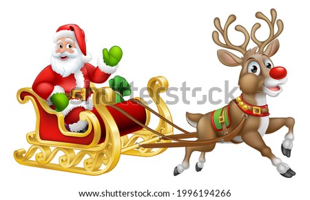 Santa Claus in Christmas sled or sleigh pulled by his reindeer cartoon