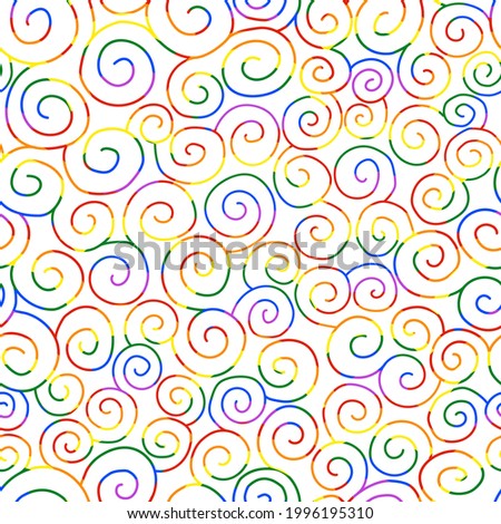 Abstract of repeating spiral curl rainbow line drawing on white background. ceramic tile pattern, rainbow hand-drawn swirls circular lines pattern