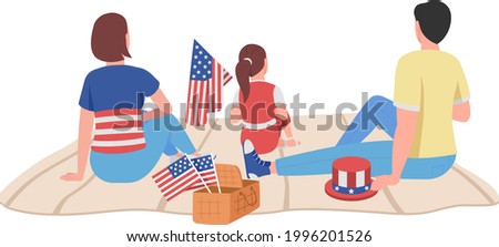 American family on July 4th semi flat color vector character. Sitting figures. Full body people on white. Celebration isolated modern cartoon style illustration for graphic design and animation