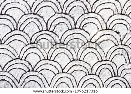 Hand drawn geometric pattern ornament printed on white flour, sand, powder. Bakery background design template mockup. Black and white package design. Abstract grainy texture. Minimalist wallpaper. Royalty-Free Stock Photo #1996219316