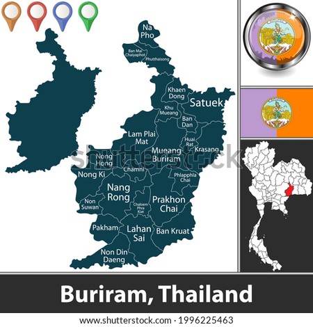 Map of Buriram province with districts and location on Thai map. Vector image Royalty-Free Stock Photo #1996225463