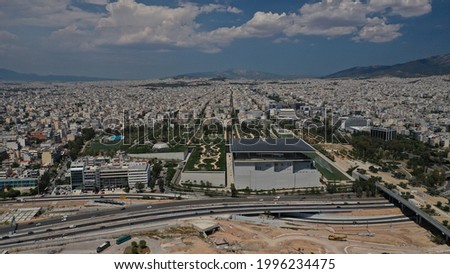 Aerial photo of famous public landmark Cultural Centre and Foundation of Stavros Niarhos in Faliro or Phaliro area, Athens riviera, Attica, Greece