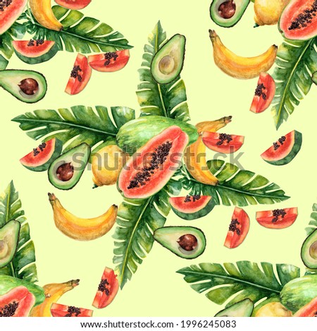 Tropical fruits and palm leaves seamless pattern. Watercolor illustration in 800 dpi.