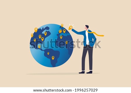 Global business expansion, open company branches, franchise in new location to cover all continent, growing business worldwide concept, businessman CEO put new branch pin on world map across globe.