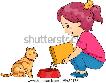 Illustration of a Little Girl Feeding Her Cat