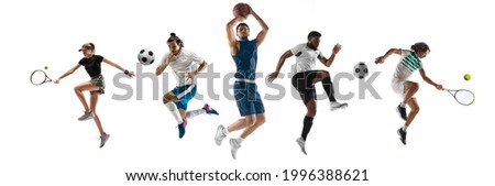 Sport collage. Tennis, basketball, soccer football players in motion isolated on white studio background. Fit african,caucasian people jumping with ball. Flyer for ad. Royalty-Free Stock Photo #1996388621