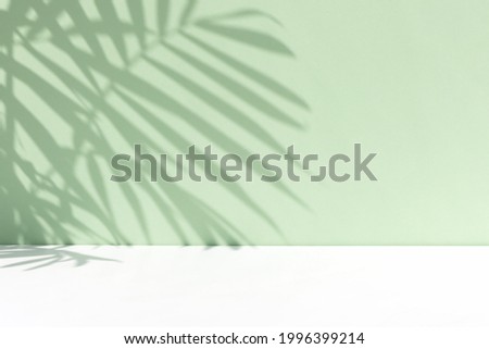 Minimal abstract background for the presentation of a cosmetic product. Premium podium with a shadow of tropical palm leaves on a pastel green wall. Showcase, display case.
