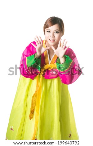 Beautiful woman asian girl hanbok dress korea.Woman in Korean Traditional Dress.Smiling korea woman dress traditional,studio shot isolated on white background.