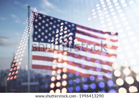 Abstract virtual upward arrows sketch on US flag and skyline background, target and goal concept. Multiexposure