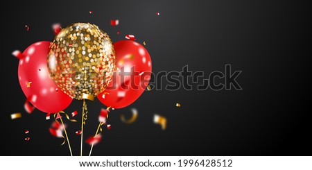 Festive background with golden and red air balloons and shiny pieces of serpentine. Vector illustration for posters, flyers or cards.