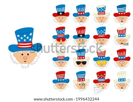 Set of different emotions of Uncle Sam in USA top hat. Funny hand drawn character for July 4th in the national colors of United States of America. Vector illustration for Independence or Election Day