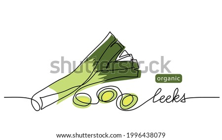 Leeks, fresh onion stalk vector illustration, background. One line drawing art illustration with lettering organic leeks. Royalty-Free Stock Photo #1996438079