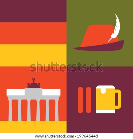 Vector illustration icon set of Germany: flag, hat, monument, sausage, beer