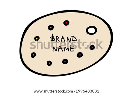 Colored vector illustration of a palette with paint in the color of the rainbow. Lettering Brand name. Objects for advertising an art store for artists, for online advertising, for textiles, for