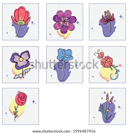 Set of hand drawn colored flowers