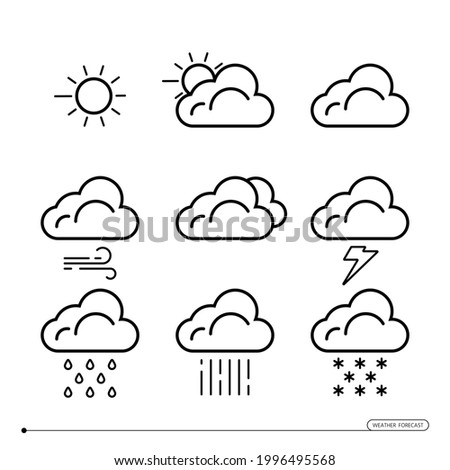 The weather forecast icon set. The black different linear icons are isolated on a white background. Editable lines.