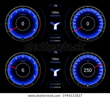 Speedometer, tachometer, car instrument panel vector illustration