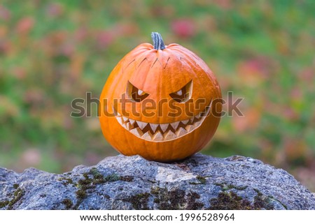 Scary smiling halloween pumpkin with nasty face on a stone. Big scary smiling halloween pumpkin with demon smile sitting alone in twilight nature. Spooky nightmare mystery scene at ocober 31st